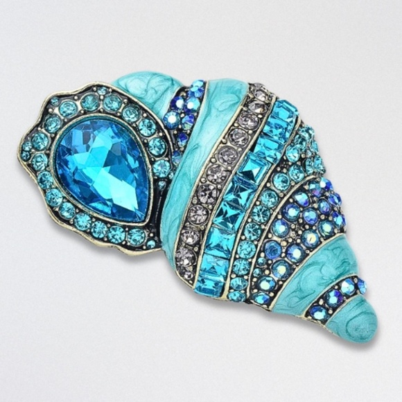 Handcrafted Sparkly Round Crystal Seashell Brooch Pin Pear-Cut Blue Green OS NWT - Picture 2 of 2